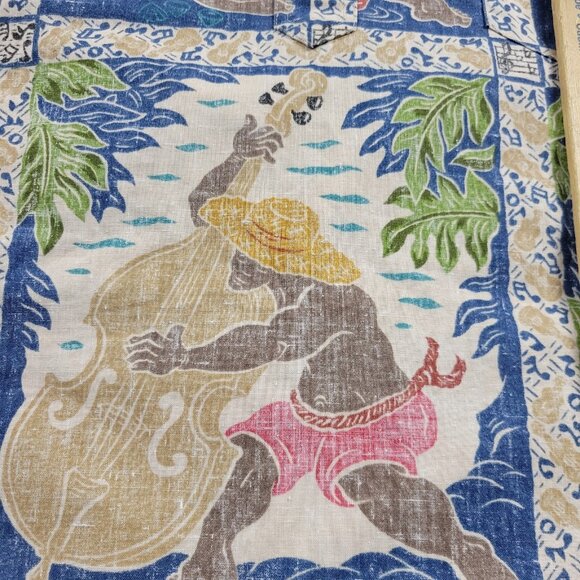 Reyn Spooner Detrich Varez Shirt Mens XL Hawaiian Guitar Print Floral Distressed - Picture 6 of 8